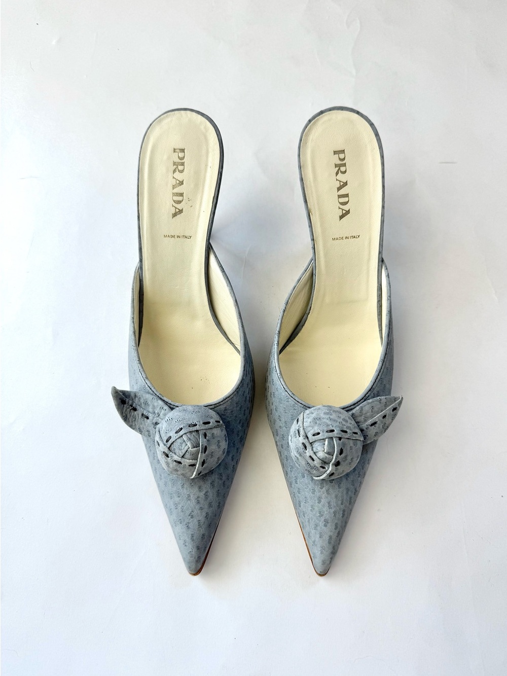 Prada Blue Ostrich Leather Rosette Mules